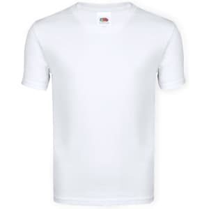 A white T-shirt with short sleeves, featuring a branded label on the collar.