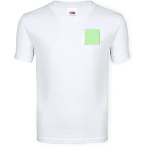A white children's T-shirt featuring a branded label and a blank green square on the front.