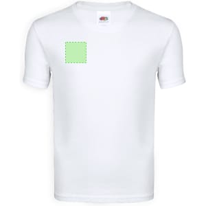 A white short-sleeved T-shirt with a green square design on the front. It includes a logo on the collar.