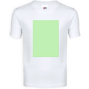 A white short-sleeve T-shirt featuring a blank light green rectangle on the front and a label on the neck.