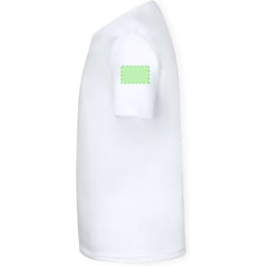 A white T-shirt with a short sleeve and a blank area on the sleeve for branding.