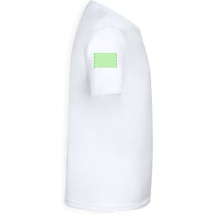 A white short-sleeve T-shirt with a green rectangular area on the shoulder for branding or design.