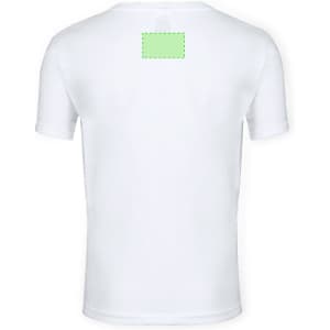 A white short-sleeve T-shirt featuring a blank area on the back and a logo on the front.