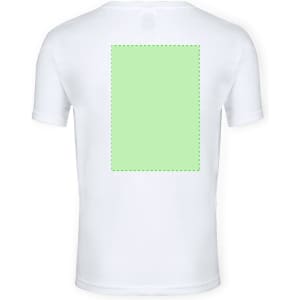 A white T-shirt featuring a solid green patch on the back and a logo on the front. Suitable for kids.