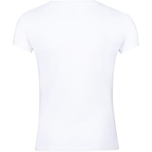 A white T-shirt with short sleeves, featuring a plain back and a logo on the label.