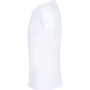 A white T-shirt featuring a slim fit design and short sleeves, with a logo on the side.