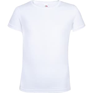 A plain white T-shirt with short sleeves, featuring a logo on the label. Ideal for casual wear.