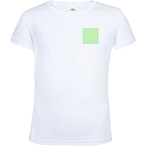 A white kids' T-shirt featuring a square area for potential designs, with a logo present on the garment.