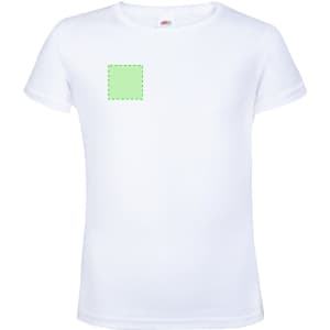 A white children's T-shirt featuring a blank green square outline, with a logo on the collar.