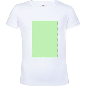 A white children's T-shirt featuring a plain green area in the centre. It has a logo on the label.