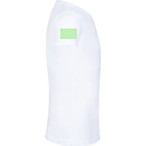 A white t-shirt for kids featuring a logo on the shoulder. Simple and classic design.