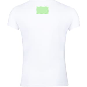 A plain white kids' T-shirt featuring a logo area on the back. Simple and classic design.