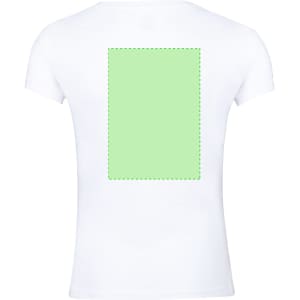 A white kids' T-shirt featuring a light green rectangular area on the back, with a branding logo.