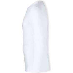 A white long sleeve adult t-shirt featuring a simple design and a side view silhouette, with a logo present.