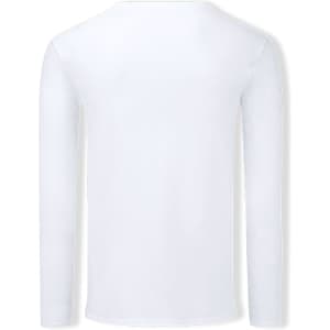A white long sleeve adult T-shirt with a plain back and a logo on the upper back.