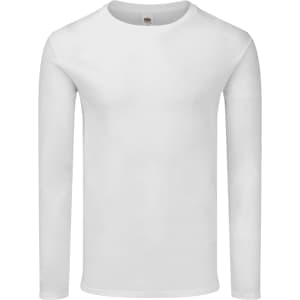 A long sleeve adult white T-shirt with a round neckline and a simple design. It has a logo on the label.
