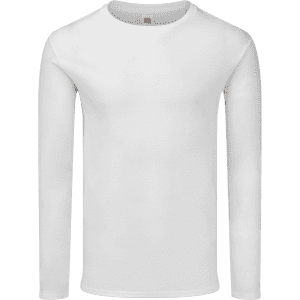 A white long sleeve adult T-shirt featuring a simple design and a logo at the neckline.