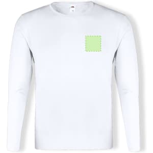 A white long sleeve t-shirt for adults, featuring a small green square design area and a logo.