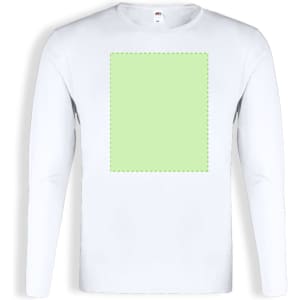 A long sleeve adult T-shirt in white featuring a blank green rectangular area. It has a logo on the front.