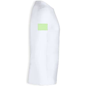 A white long sleeve adult t-shirt with a logo patch on the sleeve.