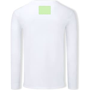 A white long sleeve adult T-shirt with a blank green patch on the back and no visible logos or branding.