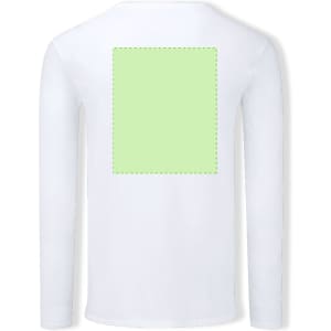 A white long sleeve adult T-shirt with a blank green square on the back and a logo on the front.