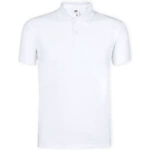 A white polo shirt with a collar and a logo on the chest, featuring a classic design.