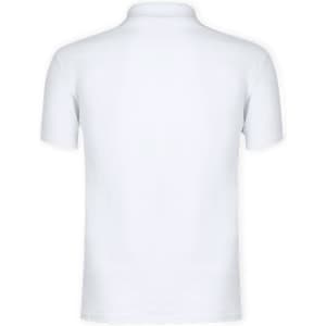 A white polo shirt featuring a collar and short sleeves, with a logo on the back.