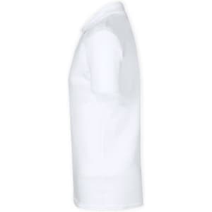 A white polo shirt displayed from the side view, featuring short sleeves and a collar, with a logo present.