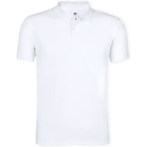A white polo shirt with a collar and a branded tag at the neck. Short sleeves, plain design.