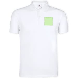 A plain white adult polo shirt featuring a logo area in green on the front.