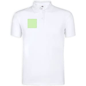 A white adult polo shirt with a front pocket area marked for branding or design.