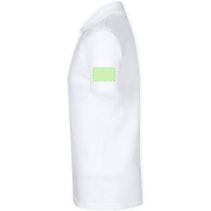 A white adult polo shirt featuring a blank patch on the sleeve for branding or logos.