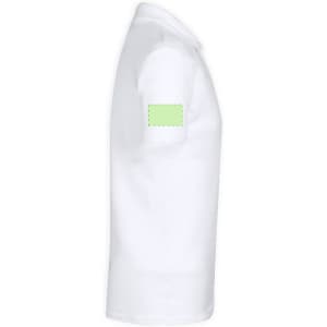 A white adult polo shirt with a green patch on the sleeve, featuring a logo on the front.