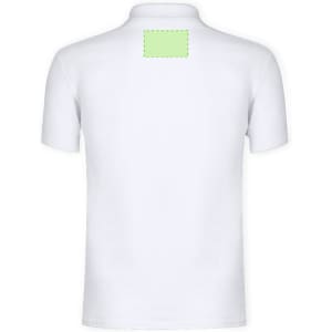 A plain white polo shirt with a blank area on the back for branding. Short sleeves and a classic collar design.