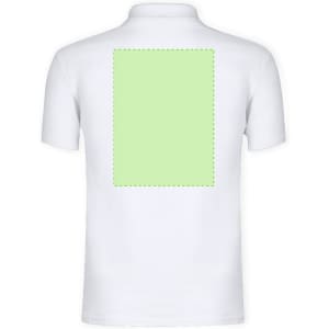 A white polo shirt featuring a square section for customisation on the back. It includes a logo.