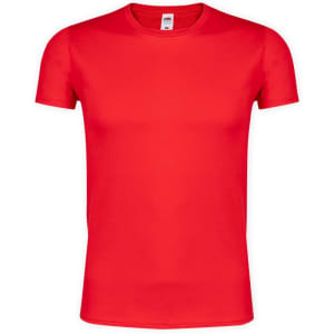 A vibrant red adult T-shirt with a classic crew neck and short sleeves, featuring a logo on the label.