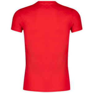 A red adult t-shirt with a fitted design and a simple, unembellished back. The shirt features a logo.