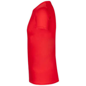 A red adult colour t-shirt displayed from the side, featuring a simple design and a logo.