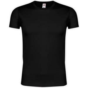 A black adult T-shirt with a crew neck and short sleeves, featuring a logo on the label.