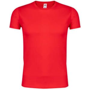 A red adult T-shirt featuring a crew neck and short sleeves, with a branded label.