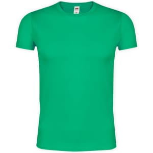A green adult t-shirt featuring a standard crew neck and short sleeves, with a label inside.