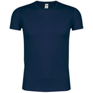A navy blue adult t-shirt featuring a simple design and a logo on the label.