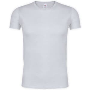 A plain white adult t-shirt with a round neck and short sleeves, featuring a logo at the label.