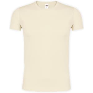 A cream-coloured adult t-shirt with a classic fit and a small label at the neckline. It features no graphics or logos.