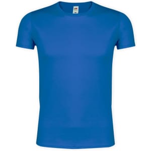 A blue adult t-shirt with a round neck and short sleeves, featuring a brand logo.