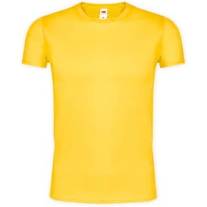 A yellow adult T-shirt featuring a simple design and a tag at the neckline. It has a logo on the label.