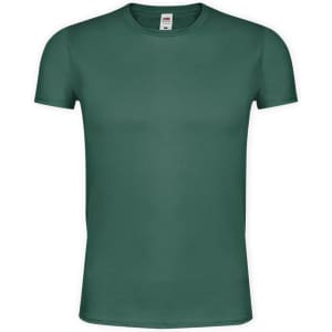 A green adult T-shirt with short sleeves and a simple design, featuring a tag inside.