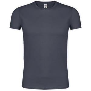 A plain navy adult T-shirt featuring short sleeves and a crew neck, with a label inside.