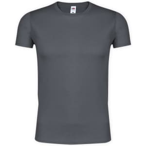 A grey adult T-shirt with a classic round neck and short sleeves, featuring a logo on the label.